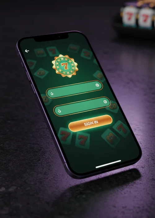User logging into King Johnny Casino on a mobile device, showing secure login fields and a vibrant casino interface with game thumbnails.